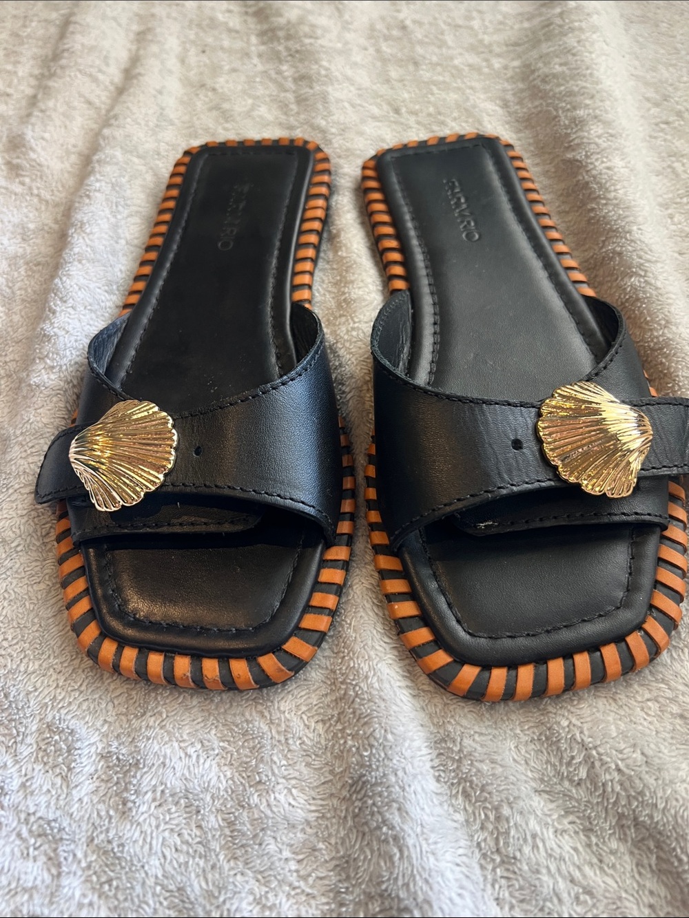 Farm Rio Black Slide Sandals with Gold Shell Accent